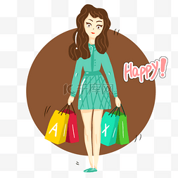 女士购物图片_时尚的卡通购物绿裙子女人插画