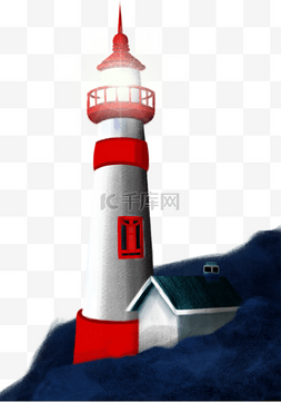 手绘卡通红色海岸灯塔设计