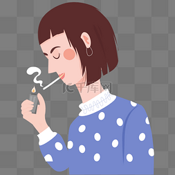 抽烟的短发少女卡通png素材
