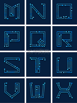 线路字母图片_科技蓝色英文字母MNOPQRSTU