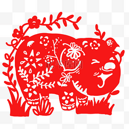 中国风十二生肖猪红色剪纸插画