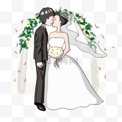 卡通浪漫婚礼情侣图片_西式婚礼新郎新娘接吻插画