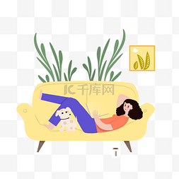 宠物女孩图片_卡通风躺在沙发上的女孩