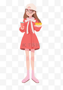 拿奶茶插画图片_拿蛋糕棒球帽粉色连衣裙蝴蝶结png