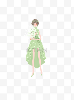 美丽女子图片_手拿花束的绿色长裙美丽女子