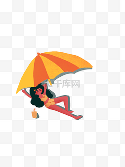 海滩上遮阳伞下休息的卡通女孩元