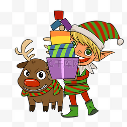 圣诞围巾插画图片_圣诞小女孩和麋鹿插画