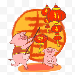 缤纷欢乐图片_新年两只猪猪卡通主题插画挂灯笼