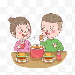 手绘姑娘图片_卡通手绘人物情侣吃炸鸡汉堡