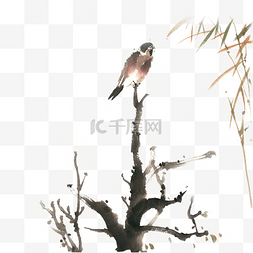 伫立枝头的小鸟水墨画PNG免抠素材