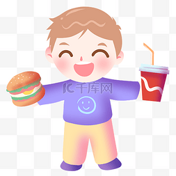 汉堡包的图片_吃汉堡包的男孩插画
