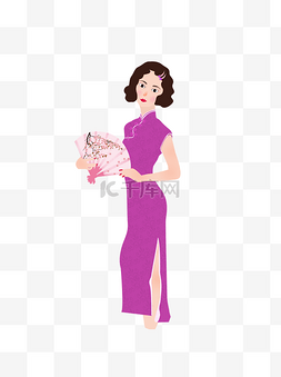 旗袍的女人图片_卡通穿着紫色旗袍的女人元素