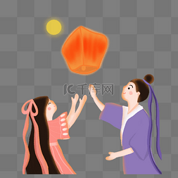 七夕海报牛郎织女图片_七夕情人节牛郎织女放天灯插画