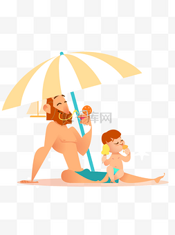 卡通手绘遮阳伞图片_卡通沙滩上度假的父子