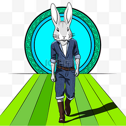 卡通风小兔子图片_中秋节蓝绿色Q版卡通时尚兔先生