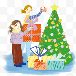 手绘水彩圣诞树图片_卡通手绘收到礼物的女孩和美丽的
