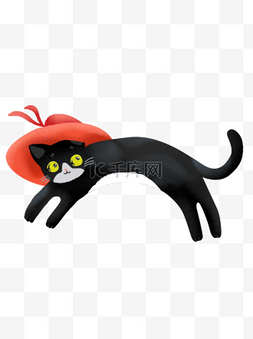 手绘卡通黑色猫咪带着红色帽子元