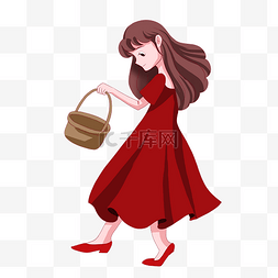 红色手绘少女图片_女神节水彩卡通红衣金发女孩
