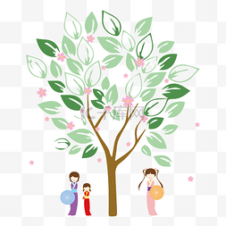 日式和服图片_可爱柔色樱花树下的和服少女矢量