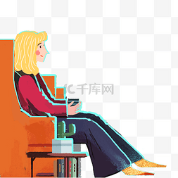 橙色的沙发图片_坐着喝茶的女孩卡通png素材