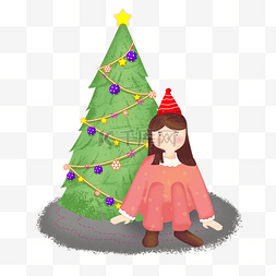 带闪光圣诞树图片_圣诞节坐在圣诞树前的小女孩