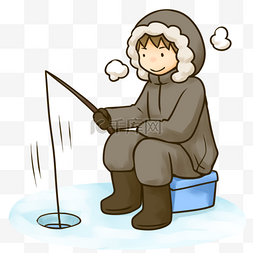 冬天冬季卡通手绘可爱男孩冰上钓