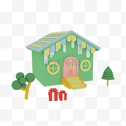 立体房子素材图片_绿色卡通立体插画小房子C4D立体房