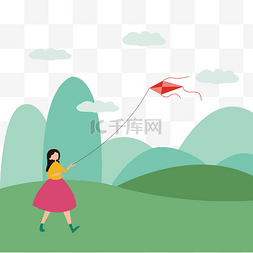 春季小女孩放风筝可爱踏青卡通手