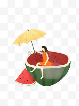 水果坐着的女孩图片_夏季手绘撑着伞坐在西瓜上的女孩