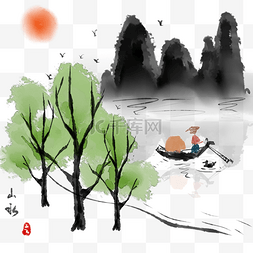 清明节调休图片_手绘山水水墨风景插画