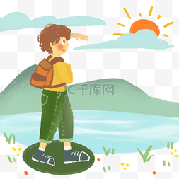 叶子插画装饰图片_春分看日出的小男孩