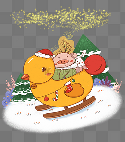 圣诞树小清新图片_小清新圣诞节滑雪送礼物的猪和兔