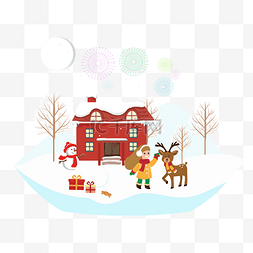 圣诞房屋矢量图片_卡通插画风小女孩和小鹿