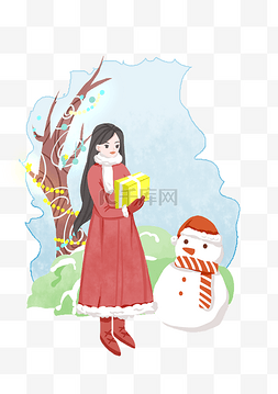 手绘圣诞节人物图片_手绘圣诞节穿红大衣女孩插画