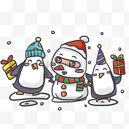冬季圣诞节雪天堆雪人与可爱企鹅