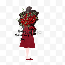 电商卡通手绘图片_情人节红色系红裙子拿大束红玫瑰