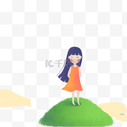 草地动漫图片_小女孩站在绿草地上免抠图