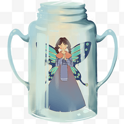 卡通手绘瓶子里的蝴蝶女孩