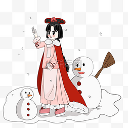 古风美人堆雪人插画