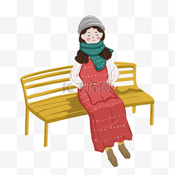 冬季长椅图片_冬季户外休息的少女插画