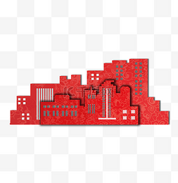 红色建筑剪纸图片_春节建筑红色新年剪纸底纹建筑