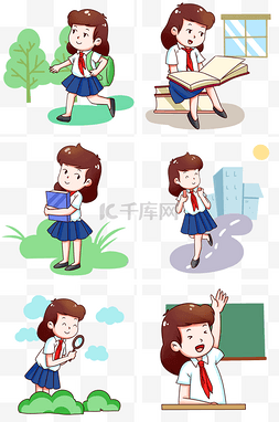 开学季卡通人物图片_开学季小女孩学习生活场景插画