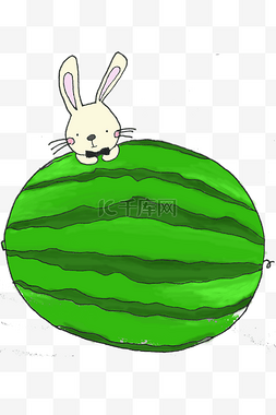 瓜藤下的兔子图片_彩色卡通手绘西瓜兔子PNG
