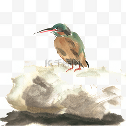 极目远眺图片_岩石上的小鸟水墨画PNG免抠素材