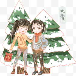 大雪树木积雪和女孩图