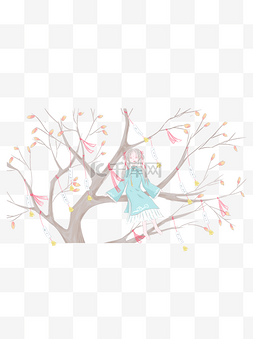 树上的蝉图片_手绘坐在许愿树上的古装少女可商