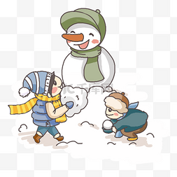 两个可爱的男孩堆雪人卡通插画