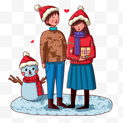手绘卡通·圣诞节情侣堆雪人