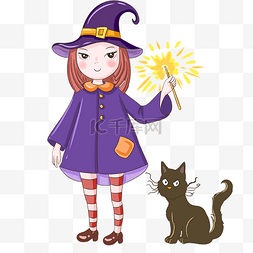 黑猫女巫图片_女巫魔法棒海报插画