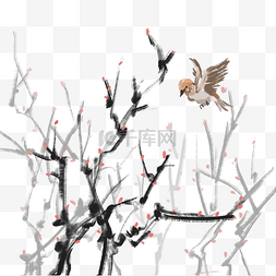 中国画树枝鸟图片_中国风古典手绘花鸟果水墨矢量图